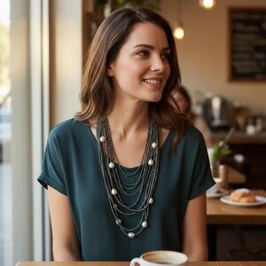 Chicos Multi Layer Necklace Gunmetal Beaded Baroque Faux Pearl Statement Necklac